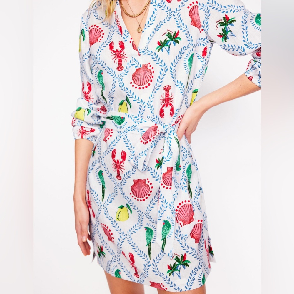Boden Cleo Linen Dress in Tropical Bonanza Vine White Red Green Yellow Size 4 - Picture 3 of 15